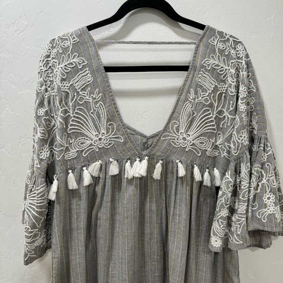 Anthropologie Maeve Tisdale Embroidered Tassel Midi Dress Women 6 Oversized Gray - Picture 10 of 16